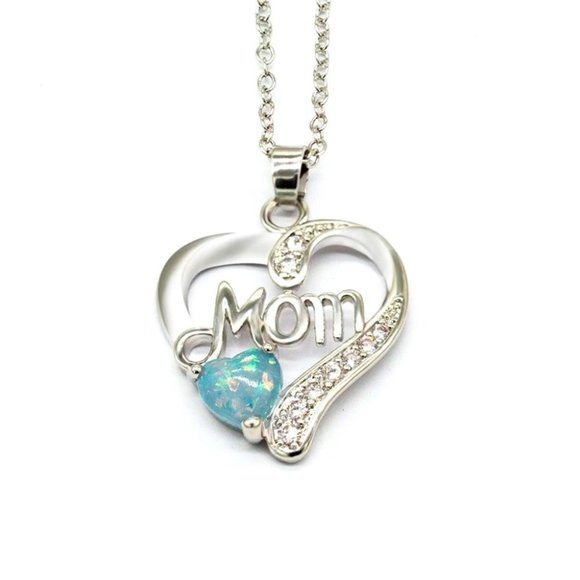 New 925 Silver Sim. Diamond Opal Mom Heart Necklace - Picture 1 of 3